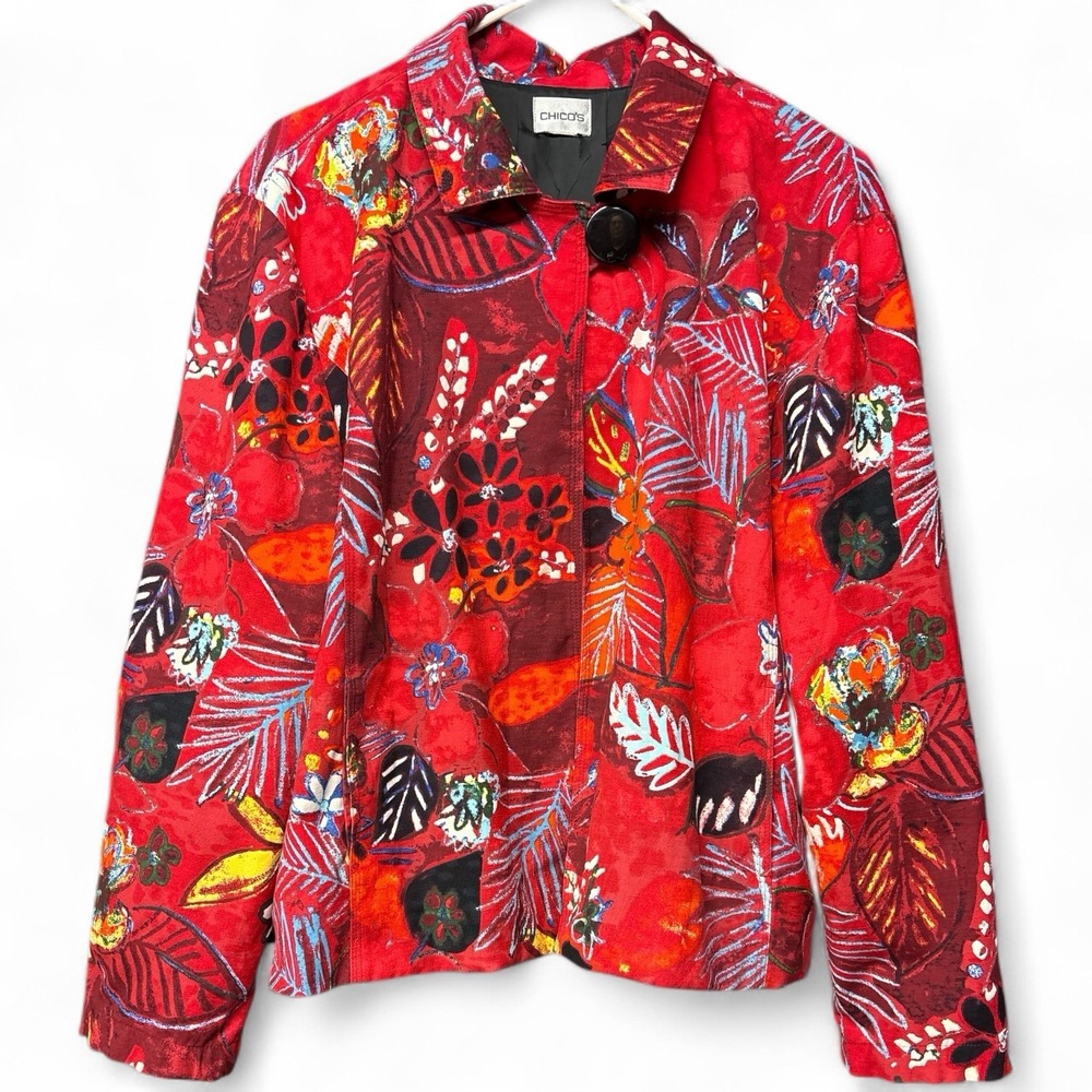 Chico's Red Floral Print Jacket Women's – Size 2 (US 12–14)